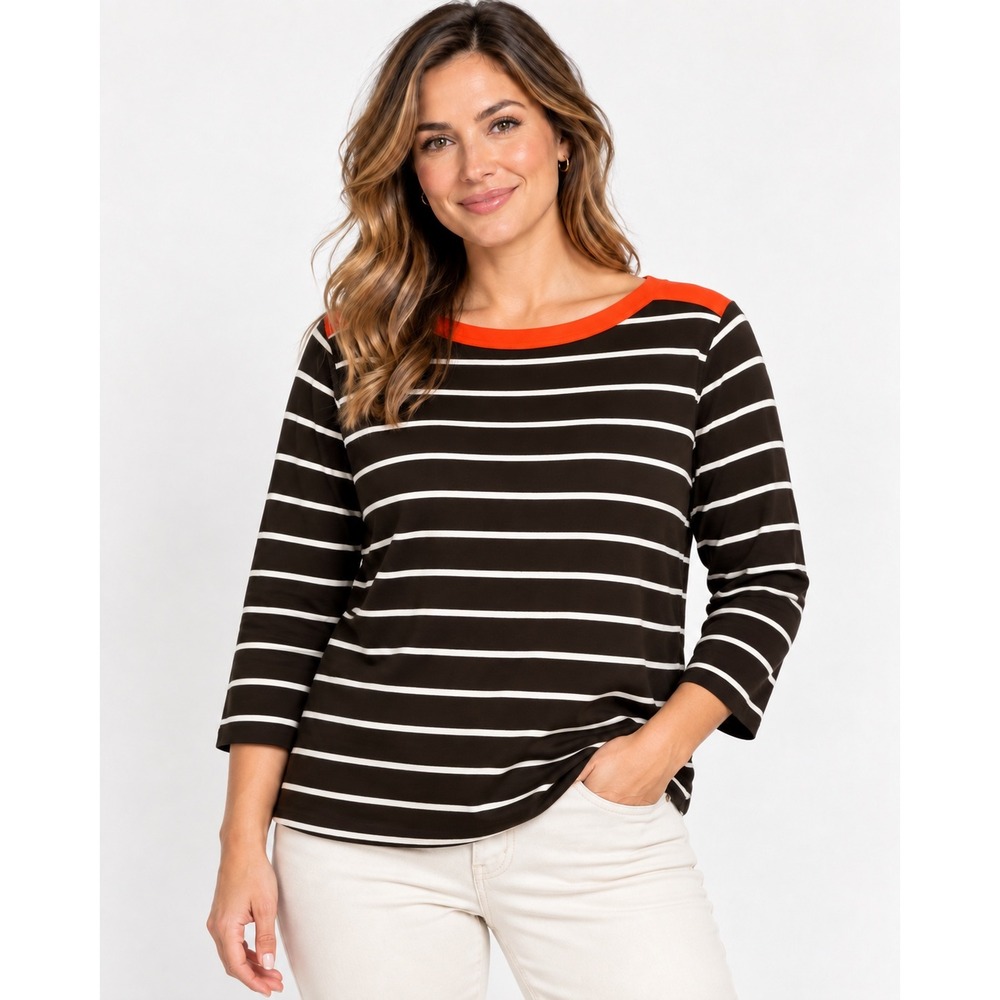 Lauren Ralph Lauren 2X Brown White Striped Cotton Top Orange Trim 3/4 Sleeve